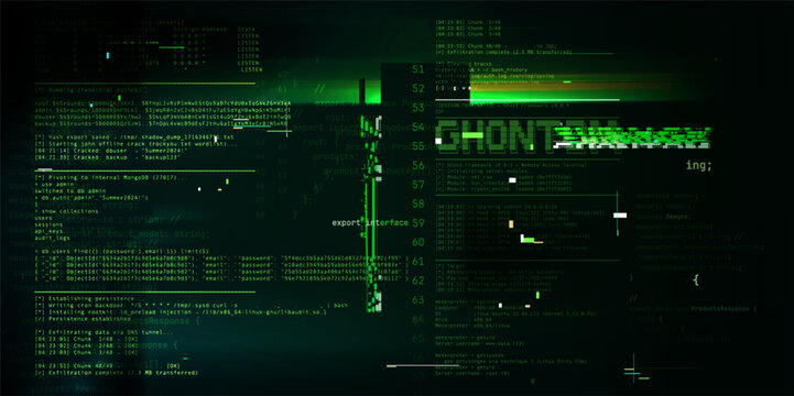 Programming code display with script elements and glitch effects on black background. Vector realistic illustration of green digital screen backdrop, software development, data structure lines