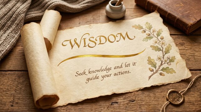 Ancient Scroll with Golden Inscription "Wisdom" and Inspiring Quote, Old Book, Rustic Desk