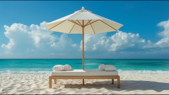 Beach umbrella lounge on white sand facing turquoise sea ocean with cushions and relaxed vibes