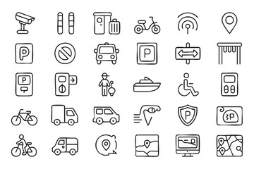 Fototapeta premium Smart Parking Line Icons with Vehicles, Payment, Security and Navigation Symbols
