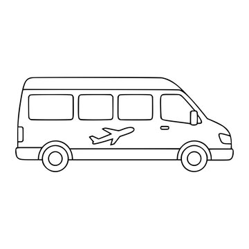 Hand-traced airport shuttle van vector icon with clean line outline, featuring a passenger minibus with airplane decal. Minimalist transportation illustration ideal for hotel services, travel apps,
