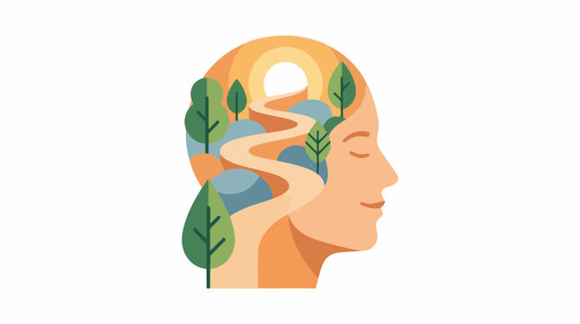 A serene head with a winding road and green trees growing inside