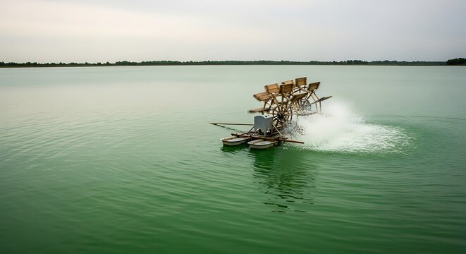 Wooden water aerator wheel spinning in a large green pond