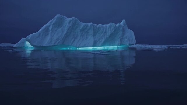 Iceberg floating in dark waters, illuminated by blue light beneath the surface, reflecting in calm water, creating a serene and mysterious atmosphere at night