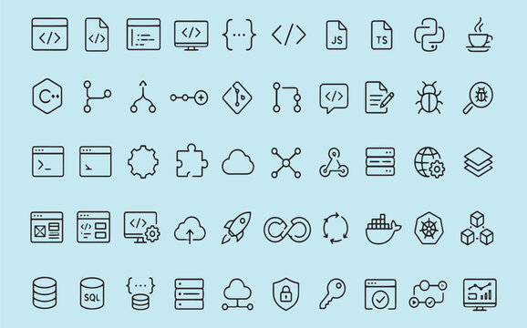Software development DevOps programming languages and cloud database line icon set