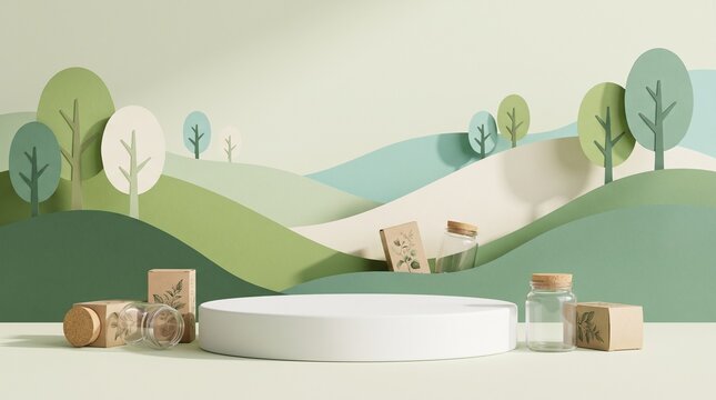 Minimalist product mockup podium with 3D papercut rolling hills, green trees, empty glass jars, and cardboard boxes.