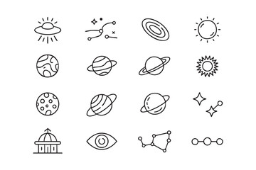 Fototapeta premium Planetary Exploration Pictograms with Alien Spacecraft and Celestial Bodies