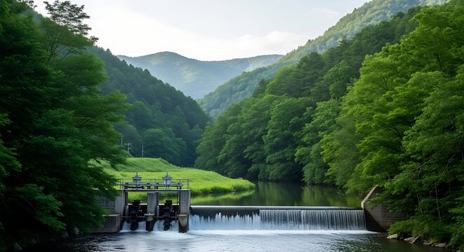 Small concrete dam across a river in a lush valley