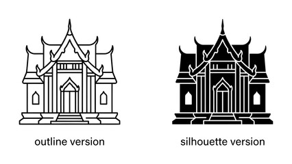 Obraz premium Thai Temple Architecture: A traditional Thai temple facade presented in both outline and silhouette versions, showcasing intricate architectural details and cultural significance.