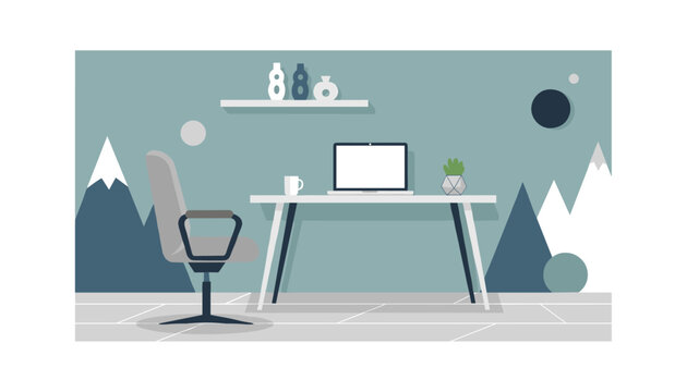Modern minimalist home office with a desk, laptop, chair, and shelf, featuring a decorative wall painting of snowy mountains.