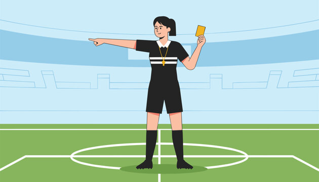 Female soccer referee standing on a green grass field inside a stadium while holding a yellow penalty card for a rule violation.