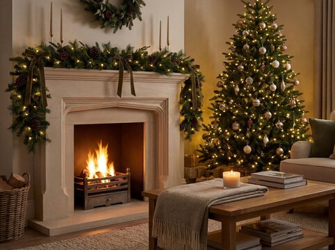 Christmas living room interior with cozy fireplace and illuminated tree