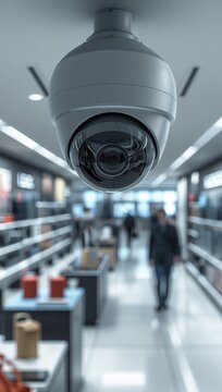 Modern white dome security camera mounted on the ceiling monitoring a contemporary corporate office space.