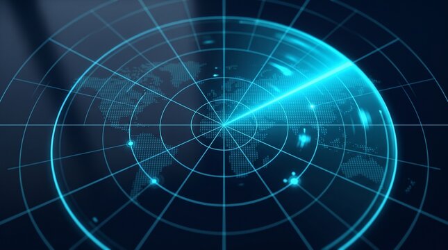Digital radar interface displaying global map data with scanning beam for advanced security monitoring