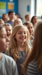 Obraz premium Group of happy school children singing together in a choir rehearsal or music class.