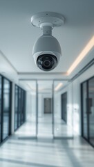 Modern white dome security camera mounted on the ceiling monitoring a bright corporate office corridor. © Curioso.Photography