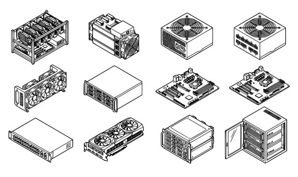 Isometric crypto mining rig hardware vector set with 3d line symbols for bitcoin ASIC miner and GPU mining frames
