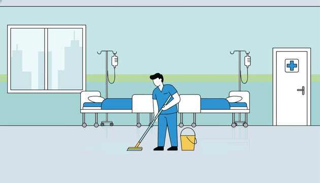 Male hospital worker in scrubs mopping the clean floor of a medical facility with beds and medical equipment visible in the background.