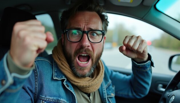 Middle aged man with glasses shouts in car stuck in traffic jam. Stressed male driver screams behind steering wheel during rush hour. Angry person shows aggressive behavior with fists up sitting in
