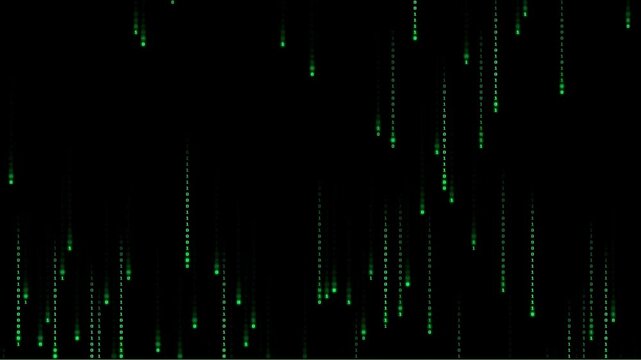 Green binary code falling down on black background. Concept of digital matrix rain, data stream, coding, cyber security, and abstract technology background.
