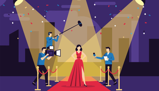Woman in a elegant red dress on a red carpet at a glamorous event being filmed by camera crew and interviewed by a reporter.