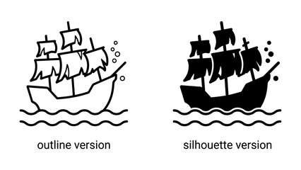 Sailing Ship Icons: Two stylized sailing ship illustrations, one in outline and one in silhouette, navigate wavy waters, symbolizing adventure and maritime journeys. © harun