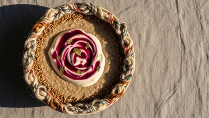 Naklejka premium Elegant Creamy Rye Porridge with Skyr, Bilberry Gel, and Edible Gold on Soft Gray Copy Space