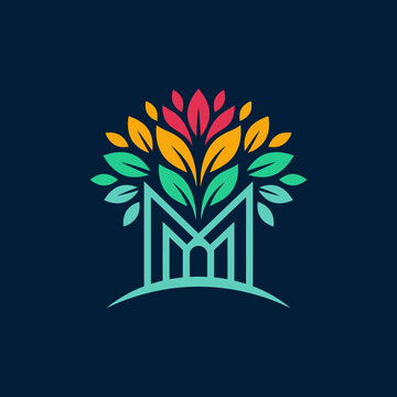Colorful abstract tree logo with architectural geometric trunk.