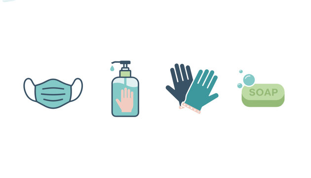 Essential personal protection items including a face mask, hand sanitizer, medical gloves, and a bar of soap for hygiene awareness.