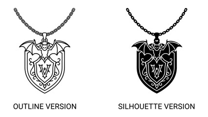 Gothic Pendant Design: Detailed outline and silhouette versions of a striking gothic pendant featuring a shield crest with bat wings and ornate detailing. © mahfuz