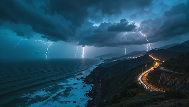 Lightning Storm Pacific Coast Highway Night California Dark Teal Travel