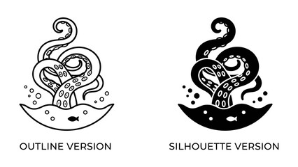 Octopus Tentacle Graphic Icons: A set of stylized octopus tentacles rising from stylized waves, depicted in both outline and silhouette versions, accompanied by small fish and bubbles. © Md