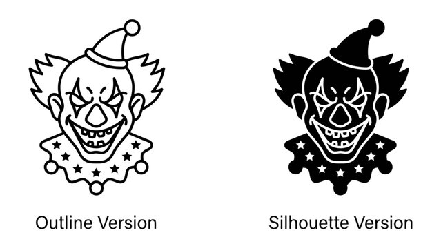 Scary Clown Icon: A sinister clown face presented in both outline and silhouette versions, featuring a pointed hat, wild hair, and a menacing grin, evoking a sense of fear and unease.