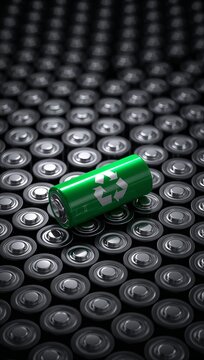 Green rechargeable battery with a recycling symbol placed among used batteries highlighting sustainable energy, recycling, and environmental responsibility.