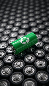 Green rechargeable battery with a recycling symbol placed among used batteries highlighting sustainable energy, recycling, and environmental responsibility.
