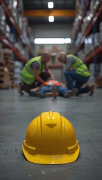 Yellow safety helmet in the foreground with emergency responders assisting an injured worker inside a warehouse highlighting workplace accident and occupational safety.