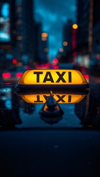 Illuminated taxi roof sign reflected on a wet city street at night with blurred urban lights creating a cinematic atmosphere.