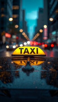 Illuminated taxi roof sign reflected on a wet city street at night with blurred urban lights creating a cinematic atmosphere.