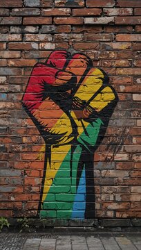 Colorful raised fist graffiti painted on an aged brick wall symbolizing protest, unity, freedom, diversity, and social justice.