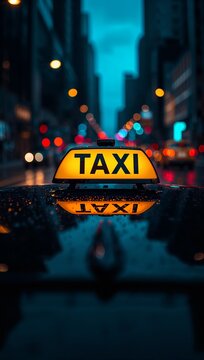 Illuminated taxi roof sign reflected on a wet city street at night with blurred urban lights creating a cinematic atmosphere.