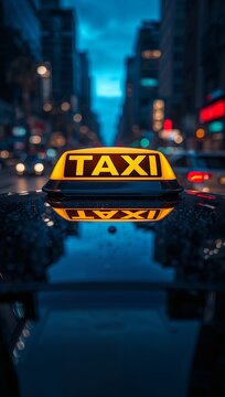 Illuminated taxi roof sign reflected on a wet city street at night with blurred urban lights creating a cinematic atmosphere.