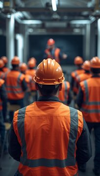 Industrial workers wearing orange safety helmets and reflective vests walking through a modern factory production facility.