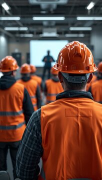 Industrial workers wearing orange safety helmets and reflective vests walking through a modern factory production facility.