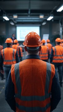 Industrial workers wearing orange safety helmets and reflective vests walking through a modern factory production facility.
