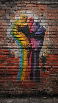 Colorful raised fist graffiti painted on an aged brick wall symbolizing protest, unity, freedom, diversity, and social justice.