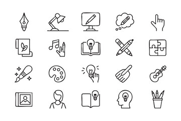 Fototapeta premium Artistic Inspiration Line Icons with Drawing, Music, Writing and Idea Symbols