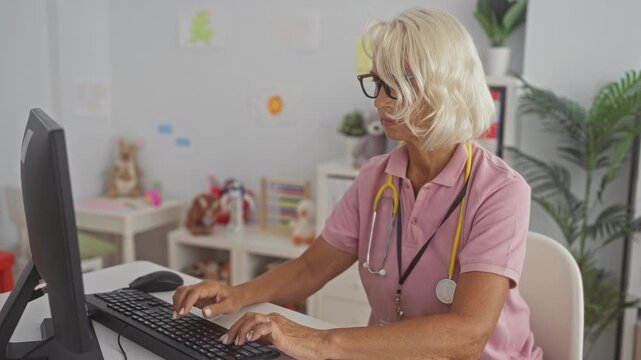 Woman doctor with stethoscope types at a computer and raises index finger in clinic building while wearing glasses and pink polo; professional calm.