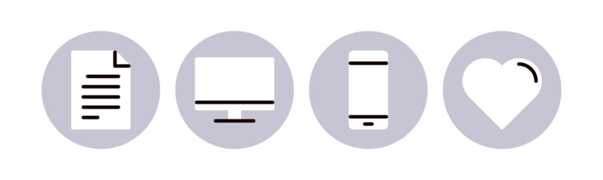 Digital device and technology icon set featuring document file, desktop computer monitor, mobile smartphone and heart favorite symbol, multi platform connectivity flat vector illustration.

