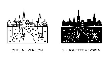 Obraz premium Urban Climbing Duo: Two individuals are depicted engaging in rock climbing against a backdrop of an intricate city skyline, presented in both an outline and a silhouette version.