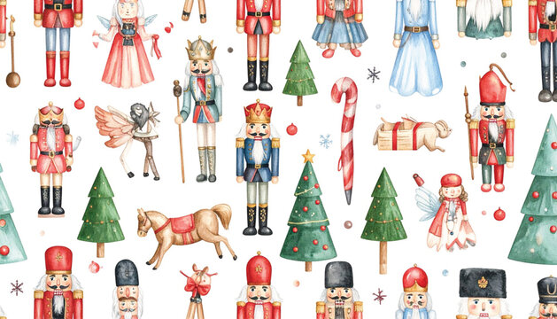 Watercolor Nutcracker Soldiers and Christmas Trees Seamless Pattern